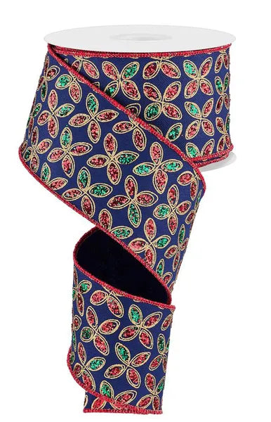 2.5"X10YD QUATREFOIL PETALS NAVY/RED/EMERALD/GOLD WIRED RIBBON - Burlap and Bling Decor