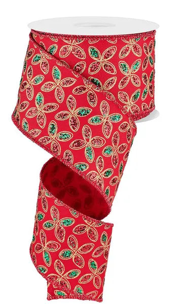 2.5"X10YD QUATREFOIL PETALS RED/EMERALD/GOLD WIRED RIBBON - Burlap and Bling Decor