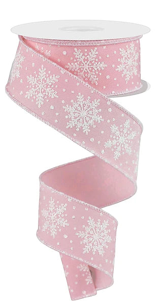 1.5"X10YD SNOWFLAKES PALE PINK/WHITE
