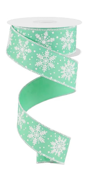 1.5"X10YD SNOWFLAKES MINT/WHITE WIRED RIBBON - Burlap and Bling Decor