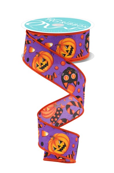 1.5"X10YD PUMPKIN/CAT/CANDY PURPLE/MULTI - Burlap and Bling Decor