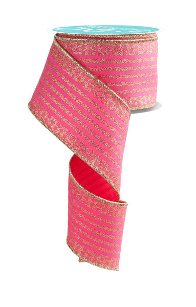 2.5"X10YD VERTICAL STRIPE/DOT EDGE HOT PINK/GOLD - Burlap and Bling Decor