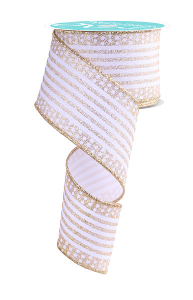 2.5"X10YD VERTICAL STRIPE/DOT EDGE WHITE/GOLD