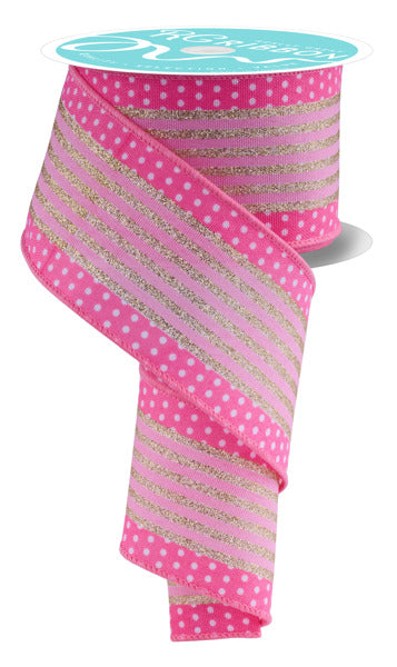 2.5"X10YD VERTICAL STRIPE/POLKA DOT EDGE WHITE/MULTI PINK/GOLD