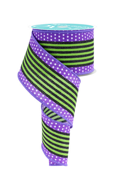 2.5"X10YD VERTICAL STRIPE/POLKA DOT EDGE WHT/PURPLE/LIME GRN/BLACK - Burlap and Bling Decor