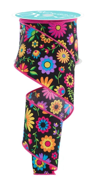 2.5"X10YD FIESTA FLORALS BLACK/MULTI - Burlap and Bling Decor