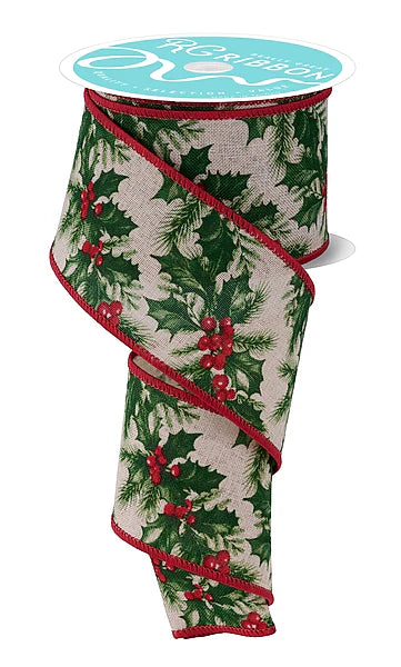 2.5"X10YD HOLLY LEAVES GARLAND LT NAT/RED/GREEN