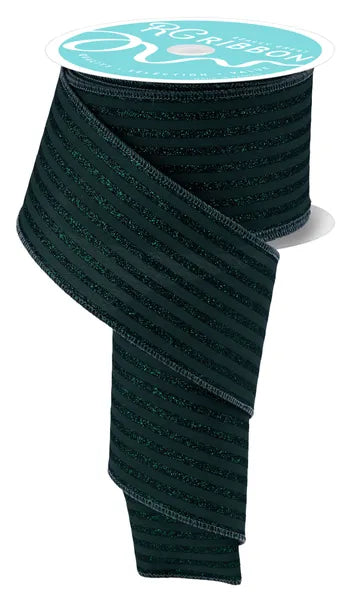 2.5"X10YD GLITTER VERTICAL STRIPE HUNTER GREEN WIRED RIBBON - Burlap and Bling Decor