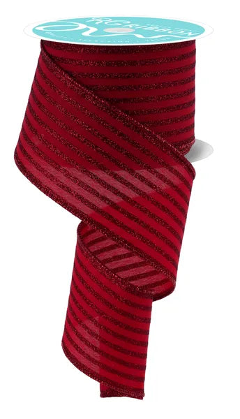 2.5"X10YD GLITTER VERTICAL STRIPE CRANBERRY/BURGUNDY WIRED RIBBON - Burlap and Bling Decor