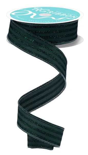7/8"X10YD GLITTER VERTICAL STRIPE HUNTER GREEN WIRED RIBBON - Burlap and Bling Decor