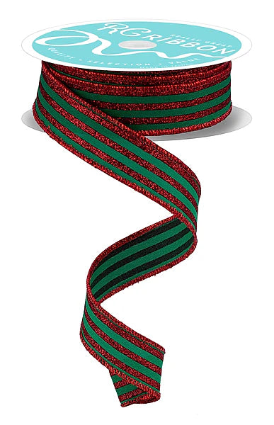7/8"X10YD GLITTER VERTICAL STRIPE EMERALD GREEN/RED