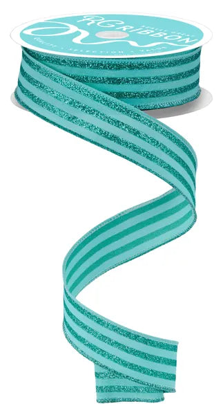 7/8"X10YD GLITTER VERTICAL STRIPE MINT GREEN WIRED RIBBON - Burlap and Bling Decor