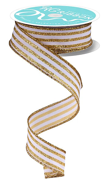 7/8"X10YD GLITTER VERTICAL STRIPE WHITE/GOLD