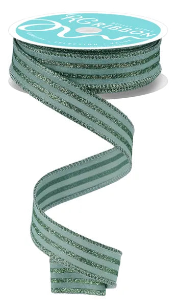 7/8"X10YD GLITTER VERTICAL STRIPE SAGE GREEN WIRED RIBBON - Burlap and Bling Decor