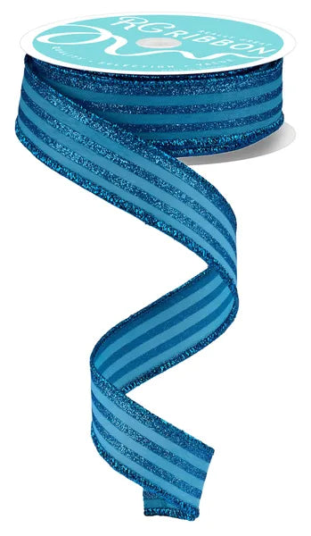 7/8"X10YD GLITTER VERTICAL STRIPE SMOKE BLUE WIRED RIBBON - Burlap and Bling Decor
