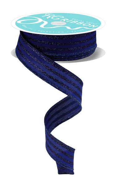 7/8"X10YD GLITTER VERTICAL STRIPE NAVY BLUE WIRED RIBBON - Burlap and Bling Decor