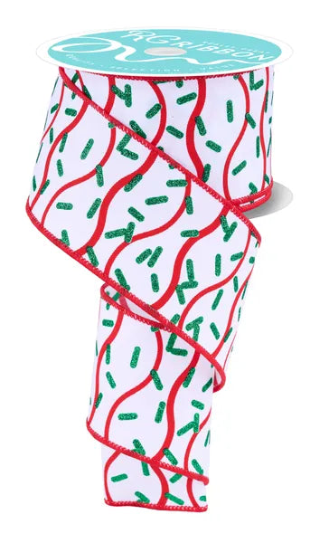 2.5"X10YD WAVY STRIPE W/SPRINKLES WHITE/RED/EMERALD WIRED RIBBON - Burlap and Bling Decor