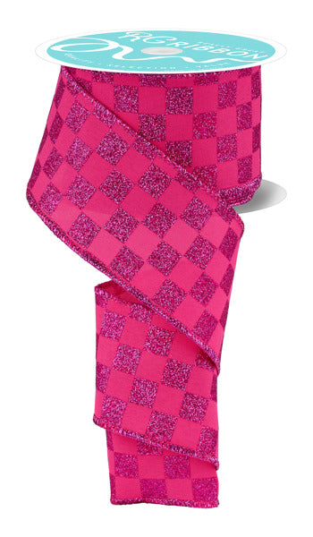 2.5"X10YD PRINT GLITTER CHECK HOT PINK - Burlap and Bling Decor