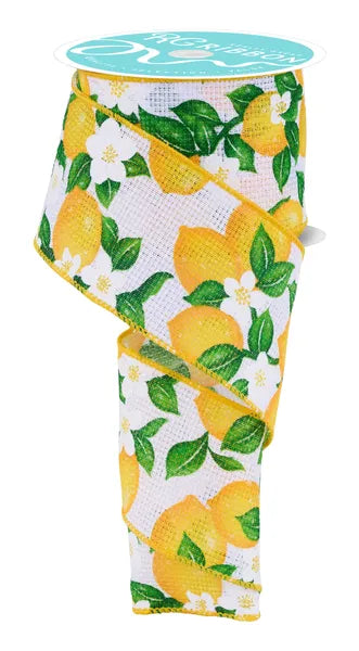 2.5"X10YD LEMONS/FLOWERS-WHITE/YELLOW/GREEN WIRED RIBBON - Burlap and Bling Decor