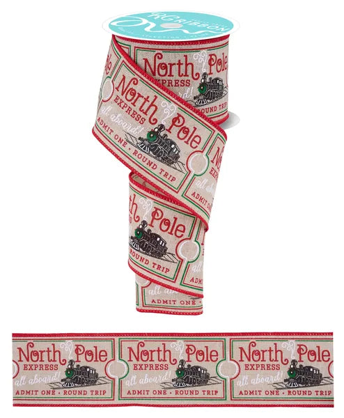 2.5"X10YD NORTH POLE TRAIN TICKET NAT/RED/EMRLD/BLACK