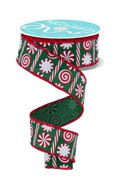 1.5"X10YD PEPPERMINT STRIPES EMERALD/WHITE/RED WIRED RIBBON - Burlap and Bling Decor