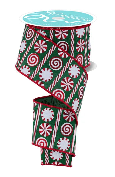 2.5"X10YD PEPPERMINT STRIPES EMERALD/WHITE/RED WIRED RIBBON - Burlap and Bling Decor