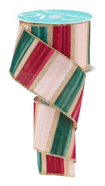 2.5"X10YD WATERCOLOR STRIPES WHT/BURG/GRN/CRM/GLD WIRED RIBBON - Burlap and Bling Decor