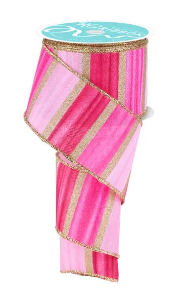 2.5"X10YD WATERCOLOR STRIPES WHT/PNK/FSHA/MRN/GLD WIRED RIBBON - Burlap and Bling Decor