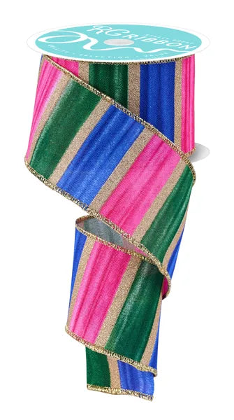2.5"X10YD WATERCOLOR STRIPES WHT/FSHA/BLU/EMRLD/GLD WIRED RIBBON - Burlap and Bling Decor