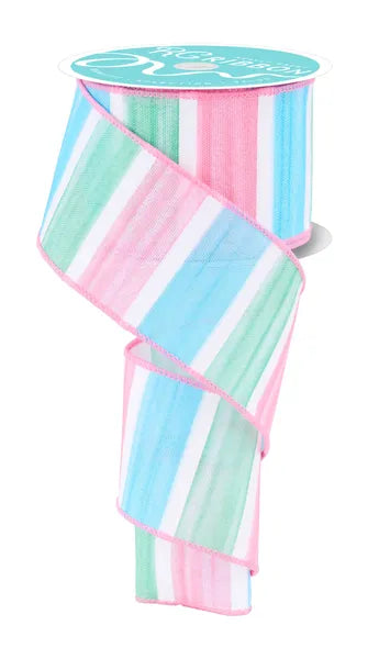 2.5"X10YD WATERCOLOR STRIPES WHITE/PINK/MINT/BLUE WIRED RIBBON - Burlap and Bling Decor