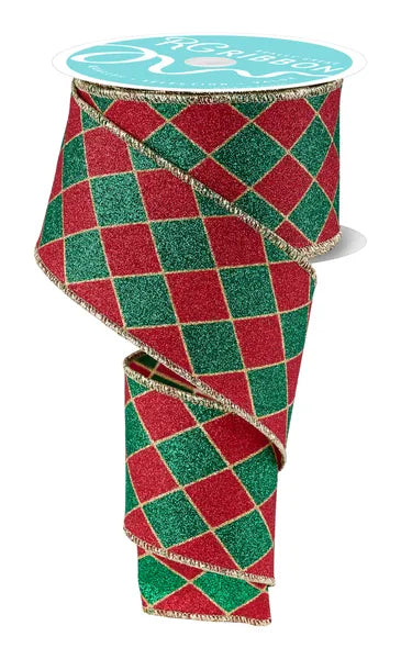 2.5"X10YD GLITTER HARLEQUIN GOLD/RED/EMERALD WIRED RIBBON - Burlap and Bling Decor