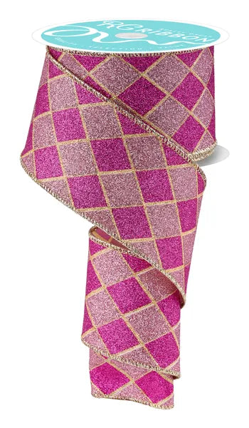 2.5"X10YD GLITTER HARLEQUIN GOLD/PINK/FUCHSIA WIRED RIBBON - Burlap and Bling Decor