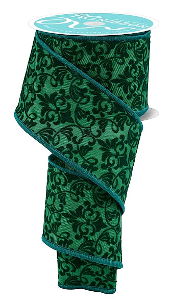 2.5"X10YD FLOCK DAMASK EMERALD GREEN WIRED RIBBON