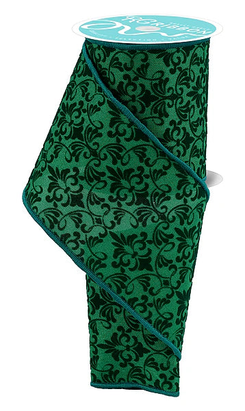 4"X10YD FLOCK DAMASK EMERALD GREEN WIRED RIBBON