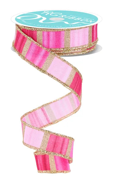 7/8"X10YD WATERCOLOR STRIPES WHT/PNK/FSHA/MRN/GLD WIRED RIBBON - Burlap and Bling Decor