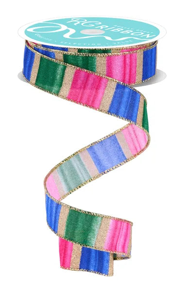 7/8"X10YD WATERCOLOR STRIPES WHT/FSHA/BLU/EMRLD/GLD WIRED RIBBON - Burlap and Bling Decor
