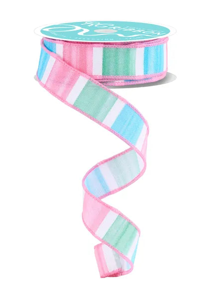 7/8"X10YD WATERCOLOR STRIPES WHITE/PINK/MINT/BLUE WIRED RIBBON - Burlap and Bling Decor