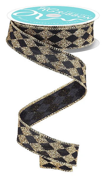 7/8"X10YD GLITTER HARLEQUIN BLACK/GOLD WIRED RIBBON