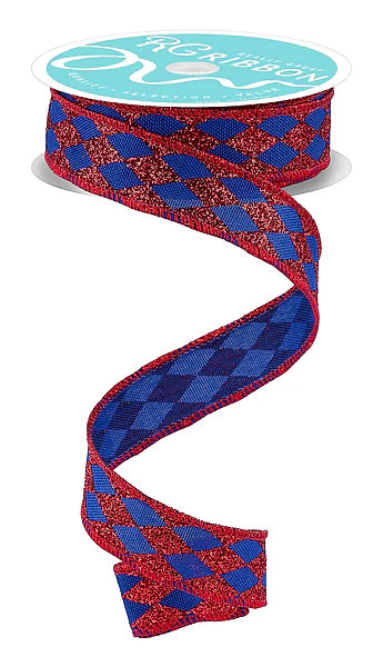 7/8"X10YD GLITTER HARLEQUIN ROYAL BLUE/RED