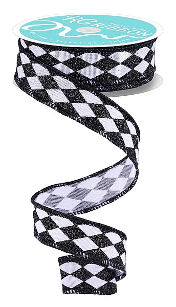 7/8"X10YD GLITTER HARLEQUIN WHITE/BLACK WIRED RIBBON