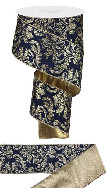 2.5"X10YD BOLD DAMASK/MET FUSED BACK NAVY BLUE/LT GOLD - Burlap and Bling Decor