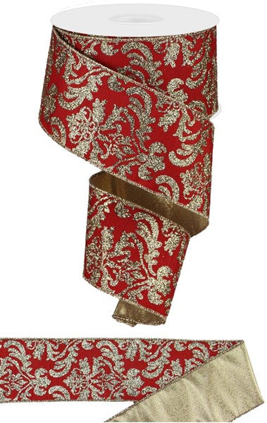 2.5"X10YD BOLD DAMASK/MET FUSED BACK RED/LT GOLD - Burlap and Bling Decor