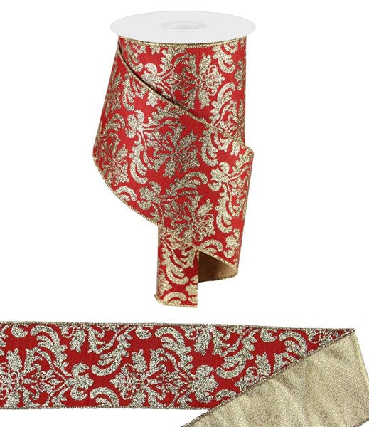 4"X10YD BOLD DAMASK/MET FUSED BACK RED/LT GOLD - Burlap and Bling Decor