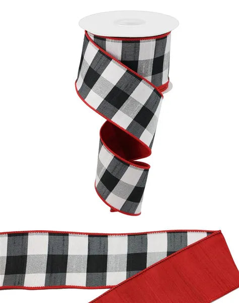 2.5"X10YD BUFFALO PLAID DUPIONI/FUSED BLACK/WHITE/RED WIRED RIBBON - Burlap and Bling Decor