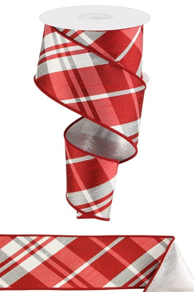 2.5"X10YD DIAGONAL PLAID/MET FUSED Color: RED/WHITE/SILVER - Burlap and Bling Decor