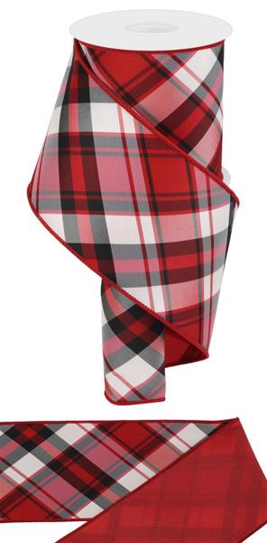 4"X10YD DIAGONAL PLAID W/FUSED BACK Color: RED/BLACK/WHITE - Burlap and Bling Decor