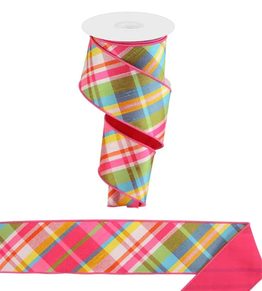 2.5"X10YD DIAGONAL PLAID FUSED BACK HOT PINK/TURQ/LIME/YELLOW WIRED RIBBON - Burlap and Bling Decor
