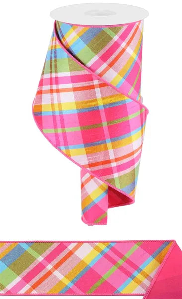 4"X10YD DIAGONAL PLAID FUSED BACK HT PNK/TURQ/LIME/YLLW WIRED RIBBON