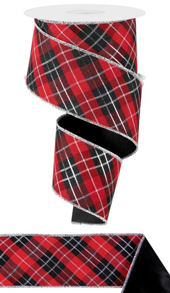 2.5"X10YD MET PLAID/SATIN FUSED BACK RED/BLACK/SILVER/WHITE - Burlap and Bling Decor