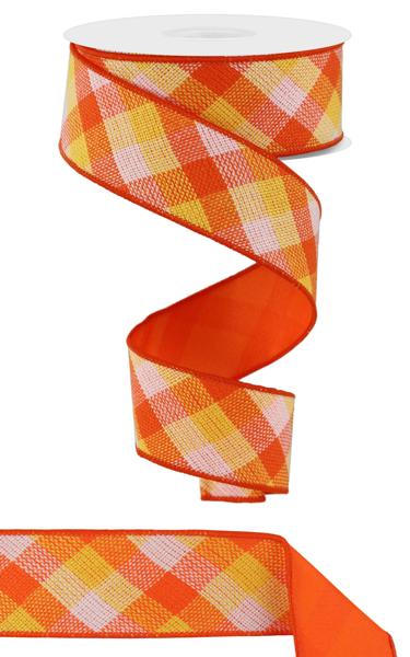 1.5"X10YD DIAG WOVEN CHECK/PG FUSED Color: ORANGE/YELLOW/WHITE